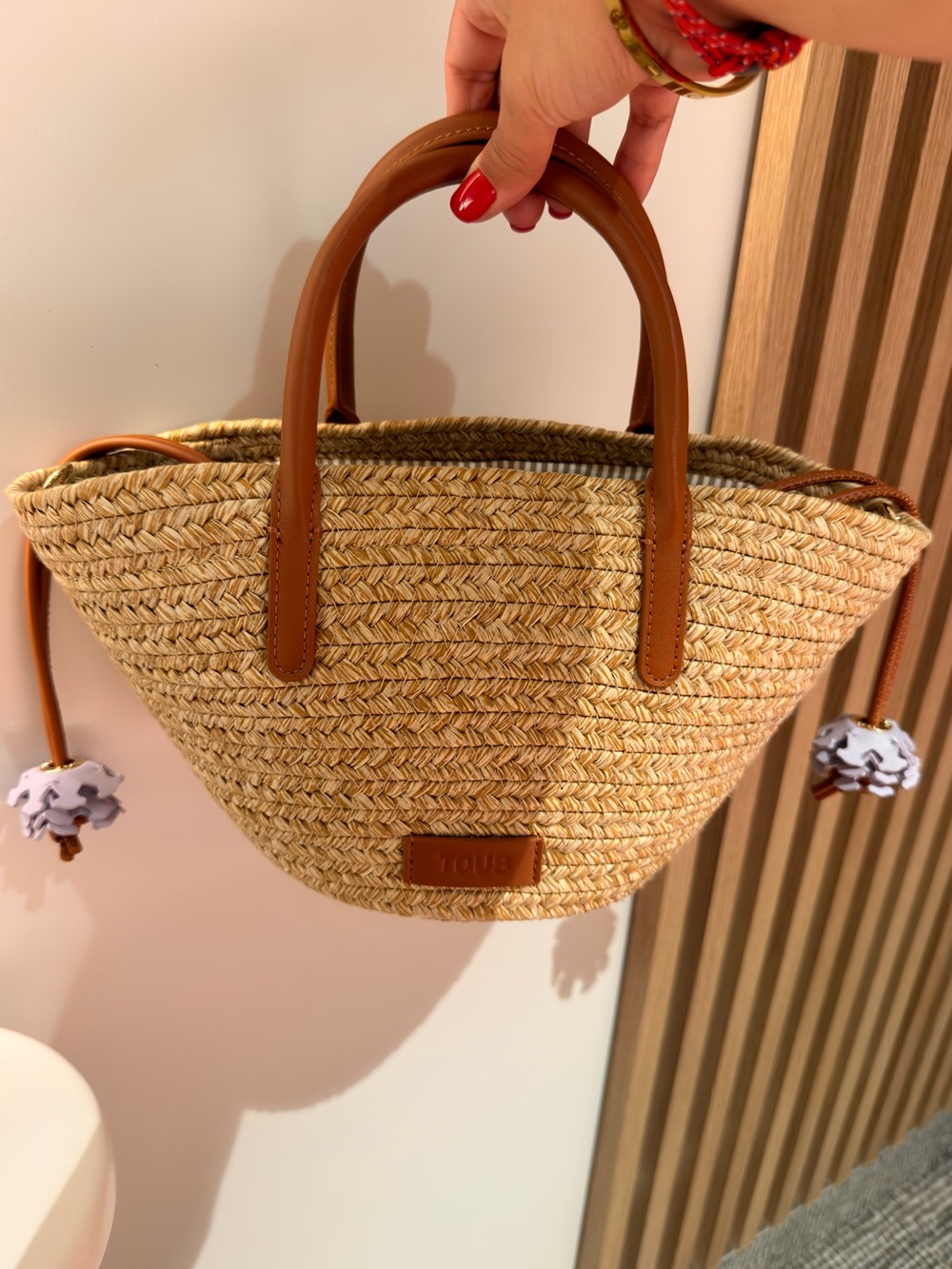 Tous Straw Tote with Tan Leather Handles and Cream Drawstring - Picture 5 of 7
